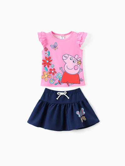 Ensemble 2 pièces Peppa Pig pour petite fille, haut à manches volantées et jupe à imprimé floral, rose