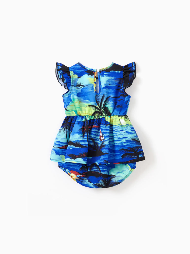 Tenues hawaïennes familiales assorties, chemise/robe à imprimé palmier bleu tropical, ensemble de tenues coordonnées pour les vacances à la plage d'été, bleu