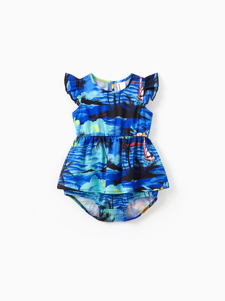 Tenues hawaïennes familiales assorties, chemise/robe à imprimé palmier bleu tropical, ensemble de tenues coordonnées pour les vacances à la plage d'été, bleu