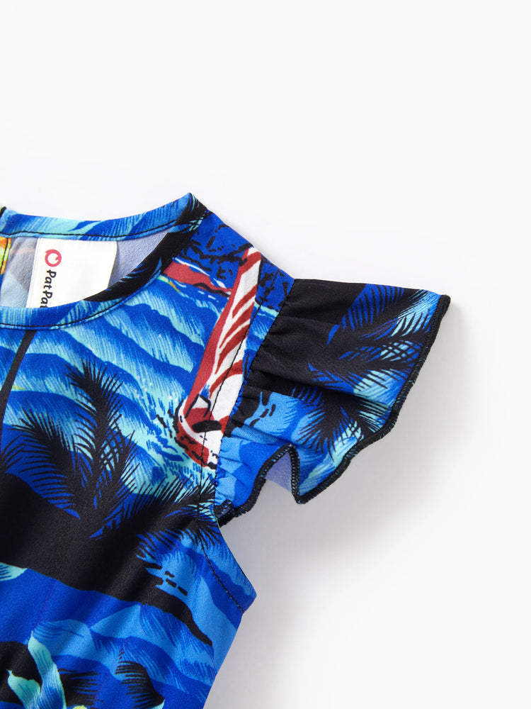 Tenues hawaïennes familiales assorties, chemise/robe à imprimé palmier bleu tropical, ensemble de tenues coordonnées pour les vacances à la plage d'été, bleu