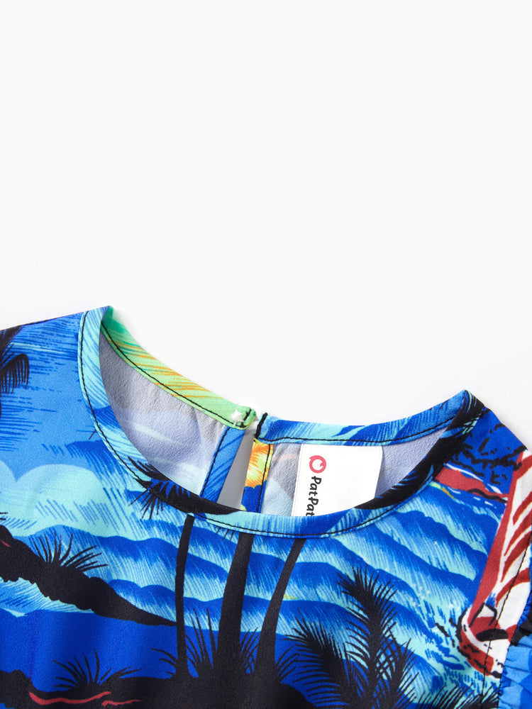 Tenues hawaïennes familiales assorties, chemise/robe à imprimé palmier bleu tropical, ensemble de tenues coordonnées pour les vacances à la plage d'été, bleu