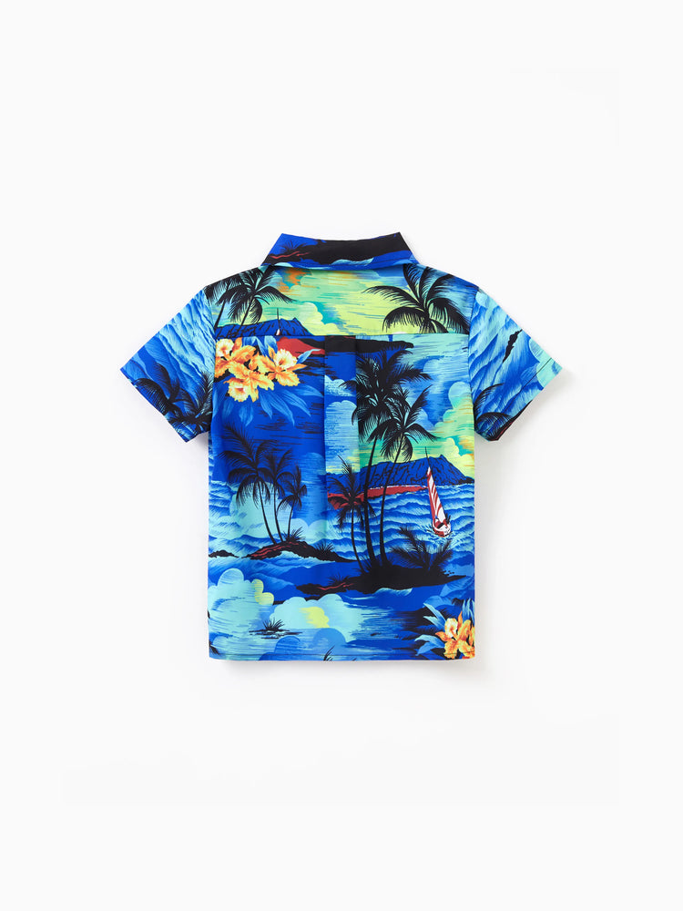 Tenues hawaïennes familiales assorties, chemise/robe à imprimé palmier bleu tropical, ensemble de tenues coordonnées pour les vacances à la plage d'été, bleu