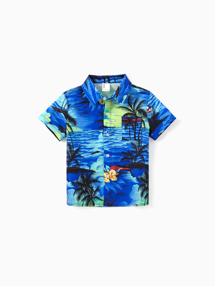 Tenues hawaïennes familiales assorties, chemise/robe à imprimé palmier bleu tropical, ensemble de tenues coordonnées pour les vacances à la plage d'été, bleu