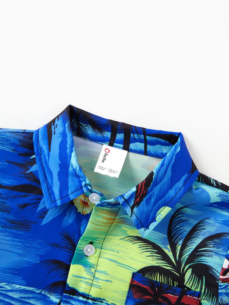 Tenues hawaïennes familiales assorties, chemise/robe à imprimé palmier bleu tropical, ensemble de tenues coordonnées pour les vacances à la plage d'été, bleu