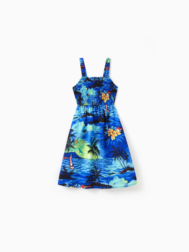 Tenues hawaïennes familiales assorties, chemise/robe à imprimé palmier bleu tropical, ensemble de tenues coordonnées pour les vacances à la plage d'été, bleu