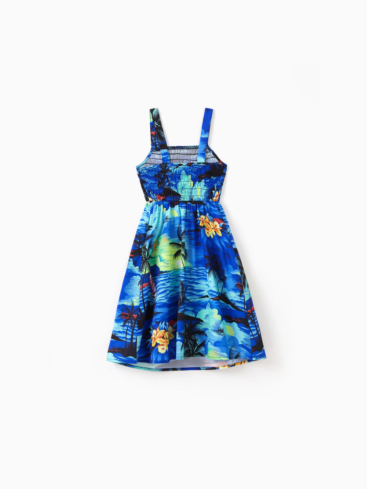 Tenues hawaïennes familiales assorties, chemise/robe à imprimé palmier bleu tropical, ensemble de tenues coordonnées pour les vacances à la plage d'été, bleu