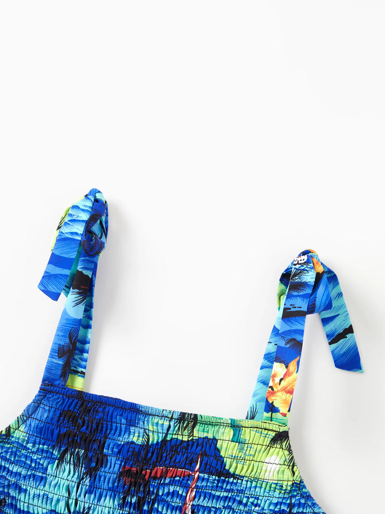 Tenues hawaïennes familiales assorties, chemise/robe à imprimé palmier bleu tropical, ensemble de tenues coordonnées pour les vacances à la plage d'été, bleu