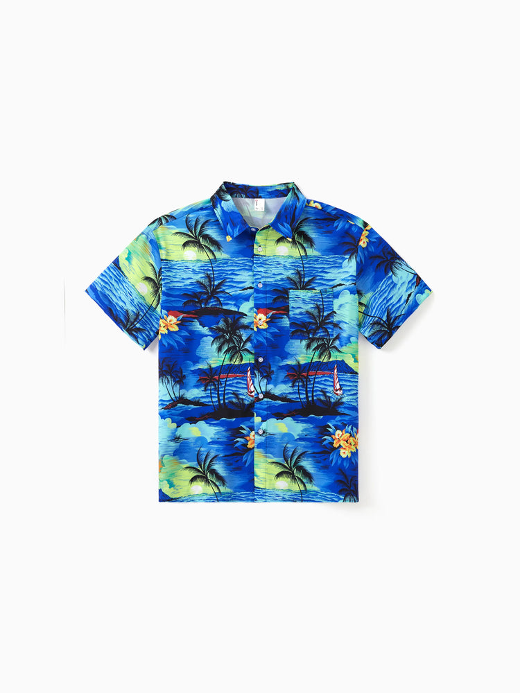 Tenues hawaïennes familiales assorties, chemise/robe à imprimé palmier bleu tropical, ensemble de tenues coordonnées pour les vacances à la plage d'été, bleu