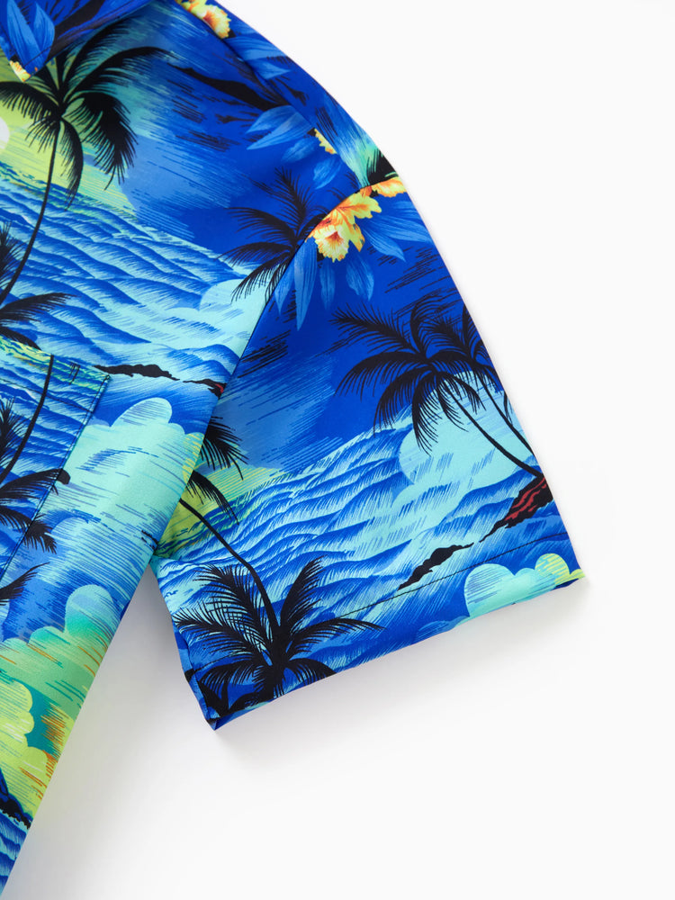 Tenues hawaïennes familiales assorties, chemise/robe à imprimé palmier bleu tropical, ensemble de tenues coordonnées pour les vacances à la plage d'été, bleu