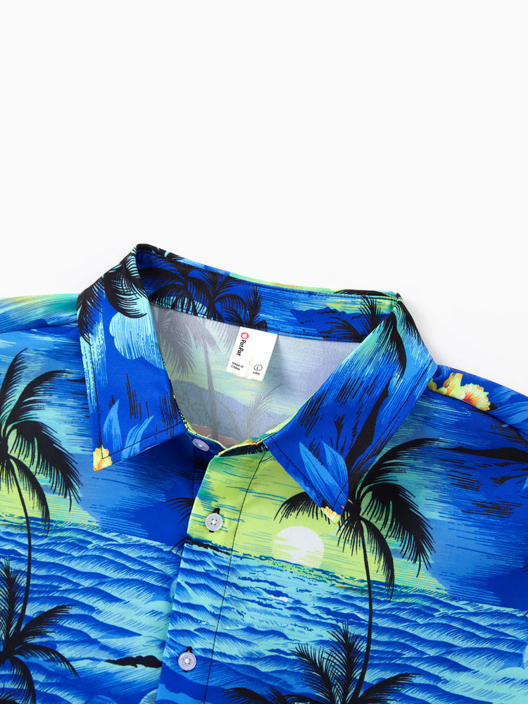 Tenues hawaïennes familiales assorties, chemise/robe à imprimé palmier bleu tropical, ensemble de tenues coordonnées pour les vacances à la plage d'été, bleu