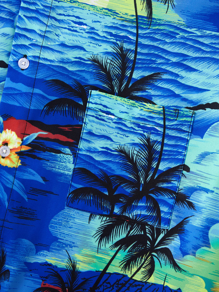 Tenues hawaïennes familiales assorties, chemise/robe à imprimé palmier bleu tropical, ensemble de tenues coordonnées pour les vacances à la plage d'été, bleu