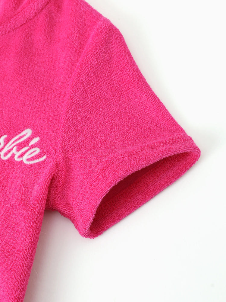 Maillot de bain Barbie pour petite fille, 1 pièce, en coton, avec logo brodé, capuche, fermeture éclair, ourlet à volants, rose vif