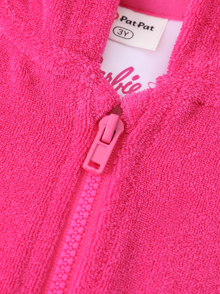 Maillot de bain Barbie pour petite fille, 1 pièce, en coton, avec logo brodé, capuche, fermeture éclair, ourlet à volants, rose vif