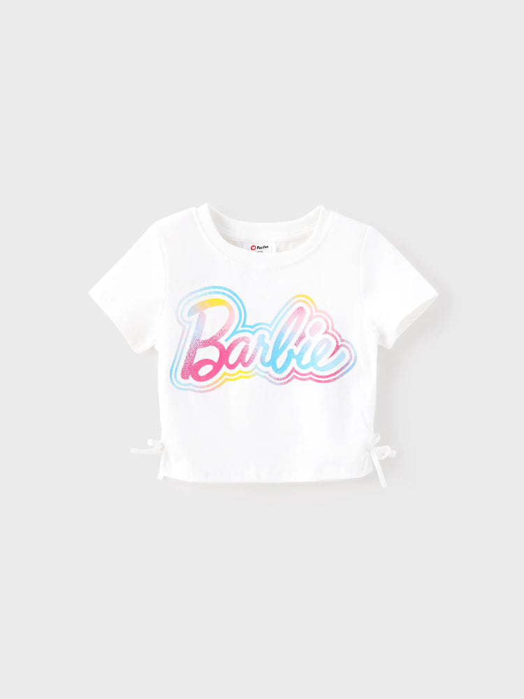 Conjunto de 2 piezas de top de manga corta y falda fruncida de algodón con cordón para niña Barbie, color blanco