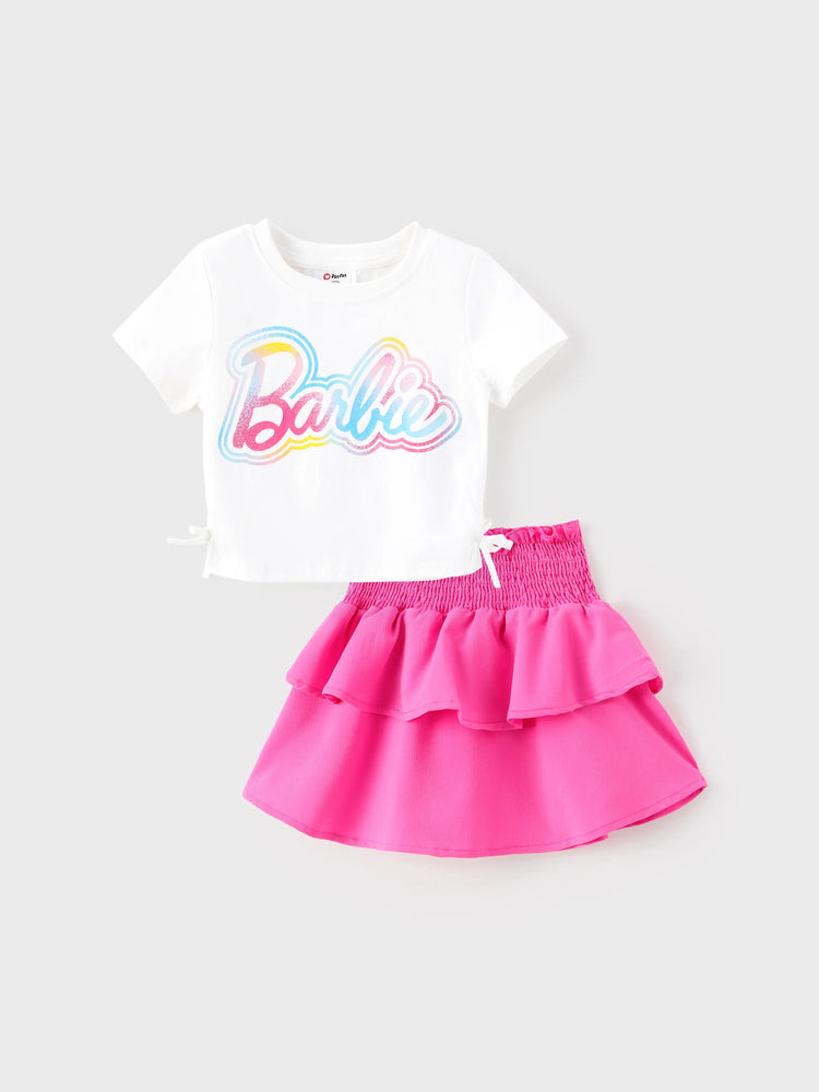 Conjunto de 2 piezas de top de manga corta y falda fruncida de algodón con cordón para niña Barbie, color blanco