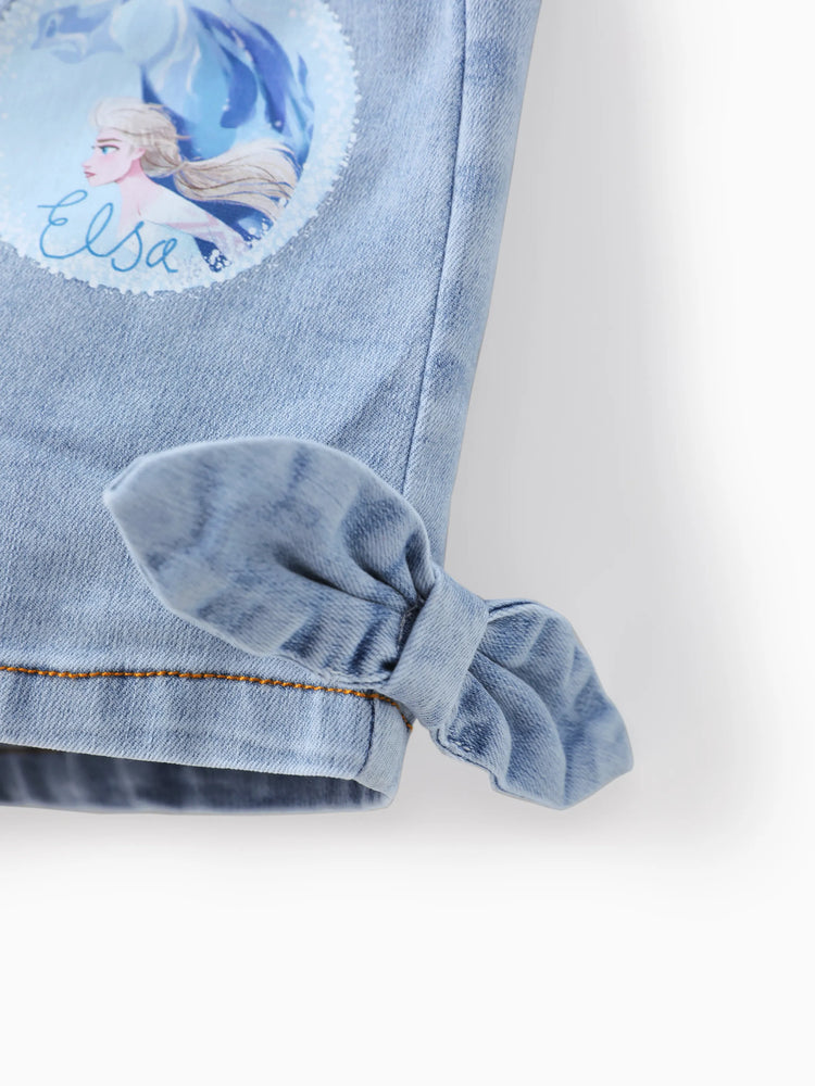 Ensemble 2 pièces débardeur et short en jean à nœud papillon en coton motif Elsa pour petite fille Disney La Reine des Neiges, bleu