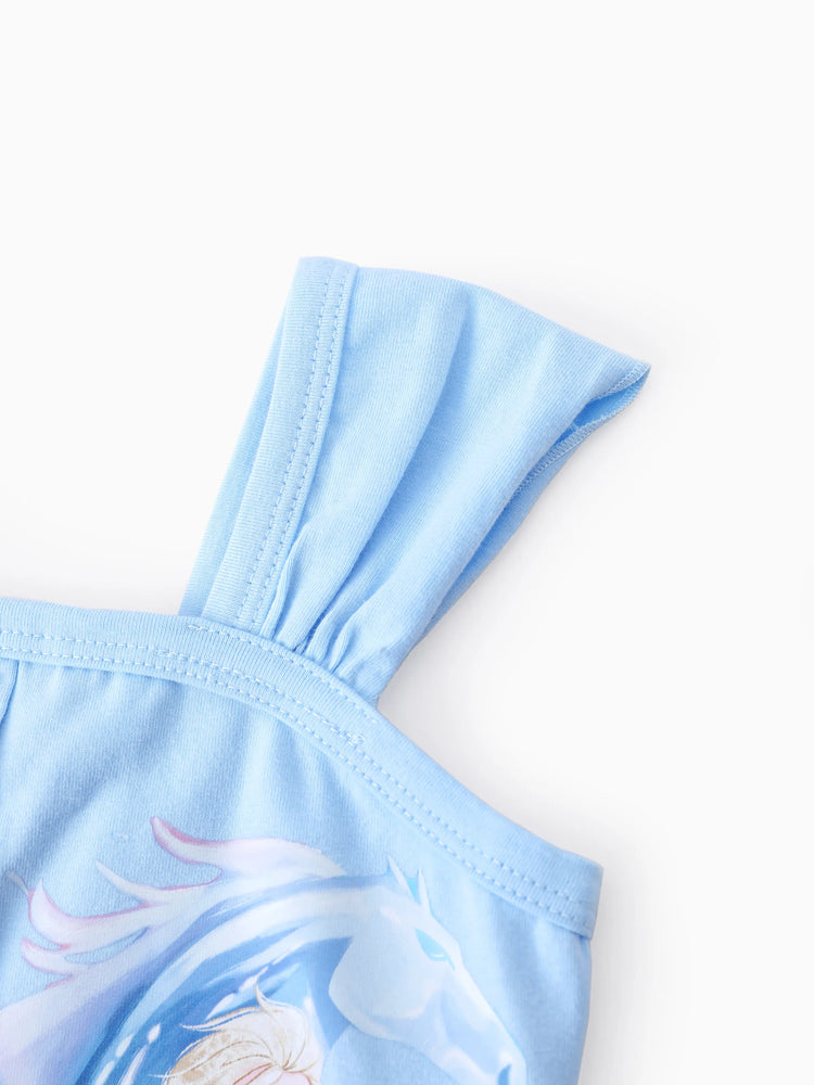 Ensemble 2 pièces débardeur et short en jean à nœud papillon en coton motif Elsa pour petite fille Disney La Reine des Neiges, bleu