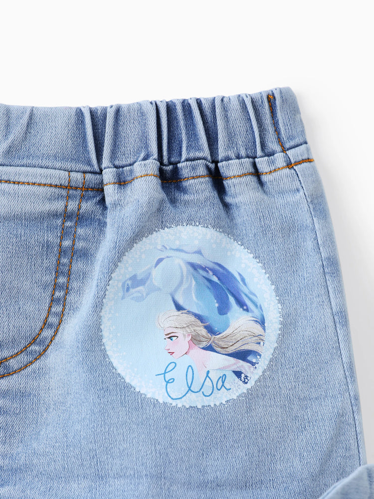 Ensemble 2 pièces débardeur et short en jean à nœud papillon en coton motif Elsa pour petite fille Disney La Reine des Neiges, bleu