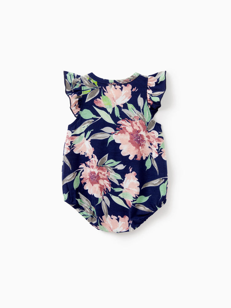 Ensembles assortis pour toute la famille : t-shirt en coton bleu et débardeur à imprimé floral bleu foncé