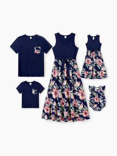 Ensembles assortis pour toute la famille : t-shirt en coton bleu et débardeur à imprimé floral bleu foncé