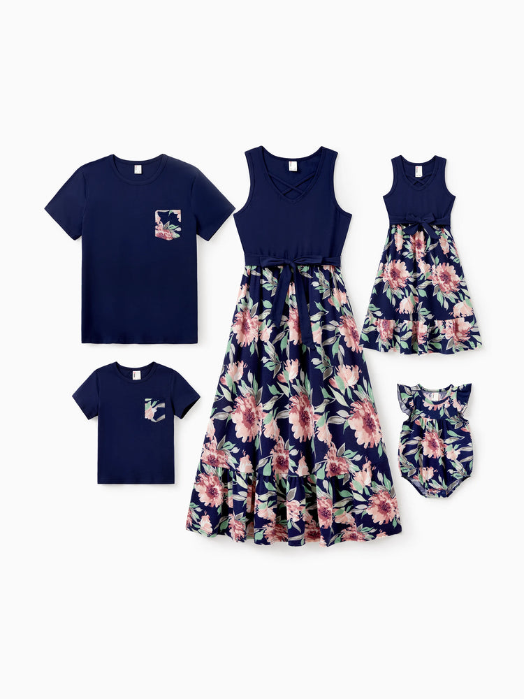 Ensembles assortis pour toute la famille : t-shirt en coton bleu et débardeur à imprimé floral bleu foncé