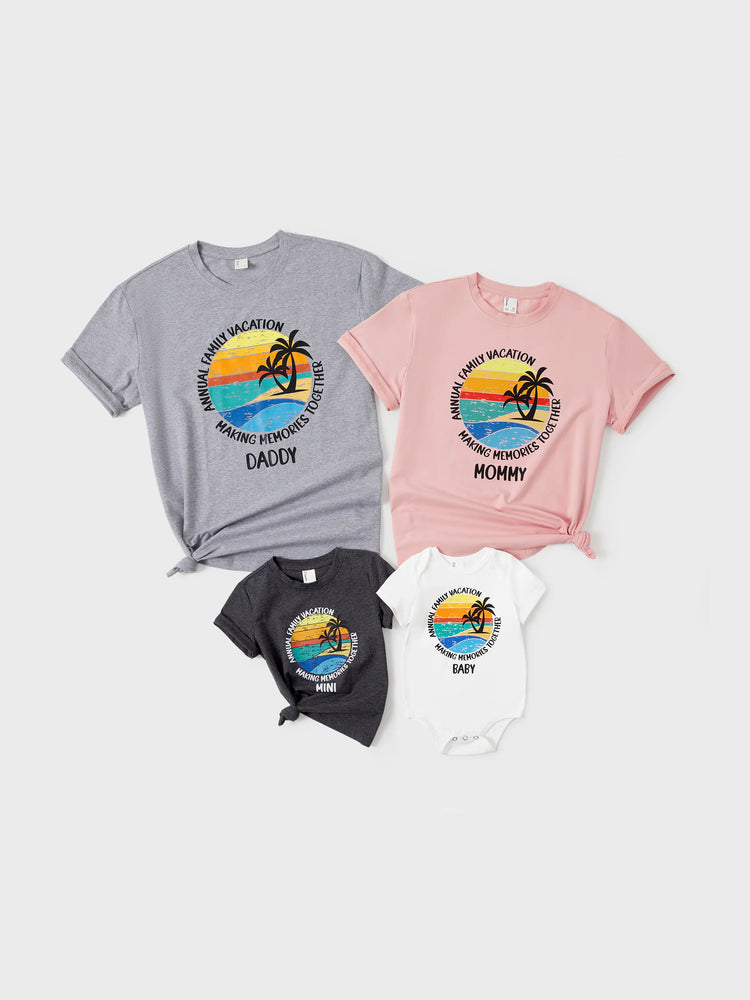 Camiseta de algodón familiar a juego con estampado de cocoteros, manga corta, multicolor