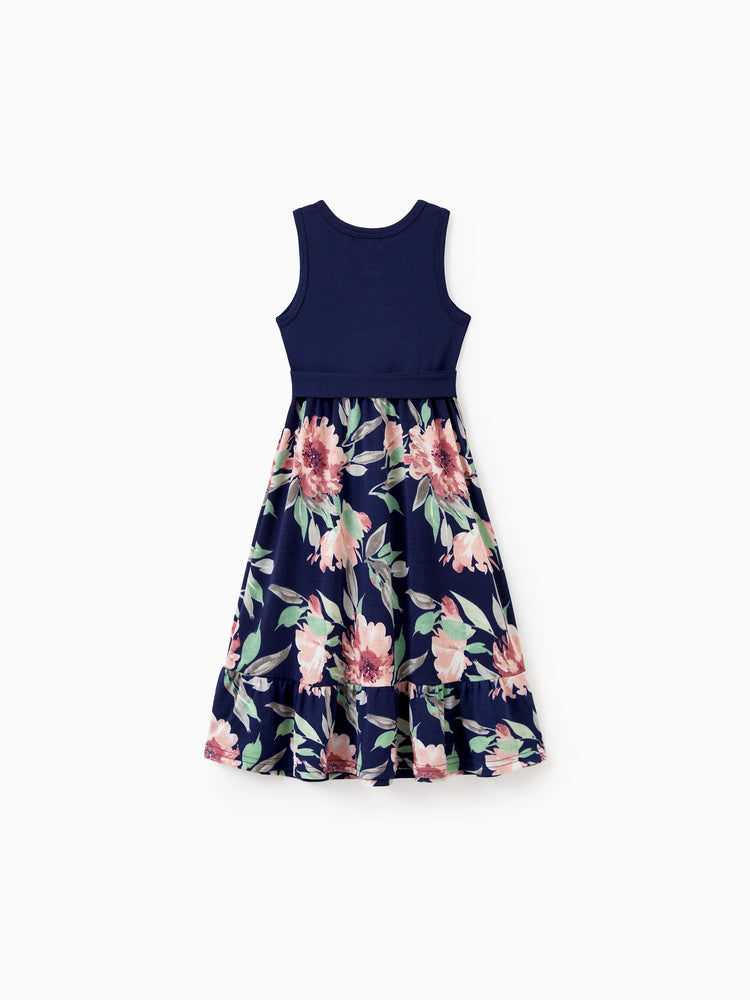 Ensembles assortis pour toute la famille : t-shirt en coton bleu et débardeur à imprimé floral bleu foncé