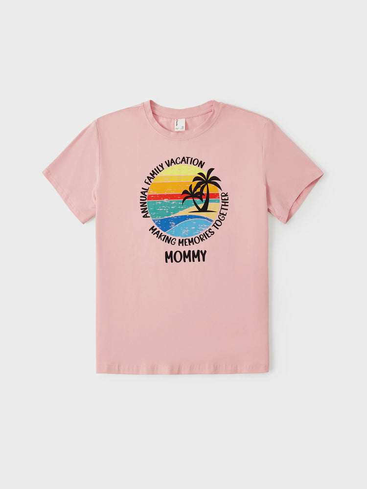 Camiseta de algodón familiar a juego con estampado de cocoteros, manga corta, multicolor