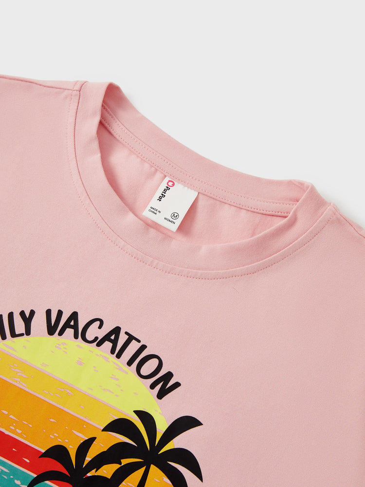 Camiseta de algodón familiar a juego con estampado de cocoteros, manga corta, multicolor