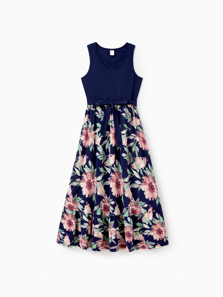 Ensembles assortis pour toute la famille : t-shirt en coton bleu et débardeur à imprimé floral bleu foncé