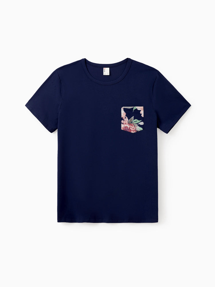 Ensembles assortis pour toute la famille : t-shirt en coton bleu et débardeur à imprimé floral bleu foncé