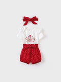 3-Piece Baby Girl Letter Print Romper and Polka dots Shorts and Headband Set Red