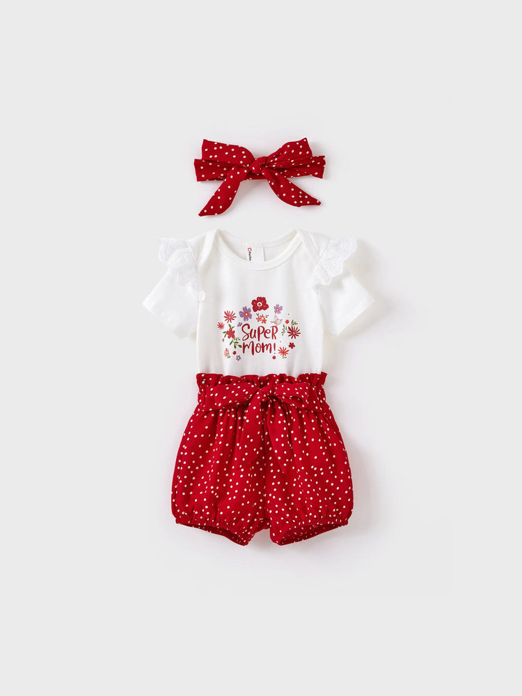 3-Piece Baby Girl Letter Print Romper and Polka dots Shorts and Headband Set Red