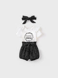 3-Piece Baby Girl Letter Print Romper and Polka dots Shorts and Headband Set Black