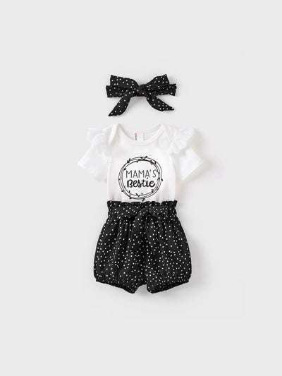 3-teiliges Baby Mädchen Strampler mit Buchstabendruck und Polka Dots Shorts und Stirnband Set schwarz