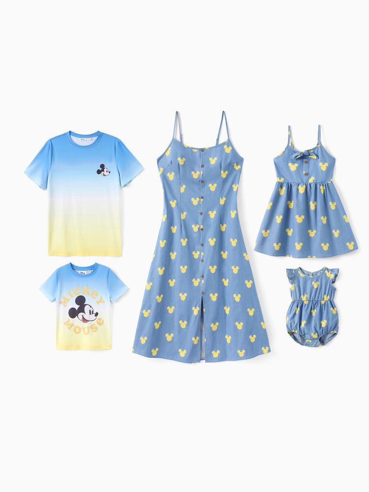 Disney Mickey et ses amis Ensemble assorti famille Papa et Moi : Robe en jean/combinaison/t-shirt à imprimé Mickey Mouse bleu
