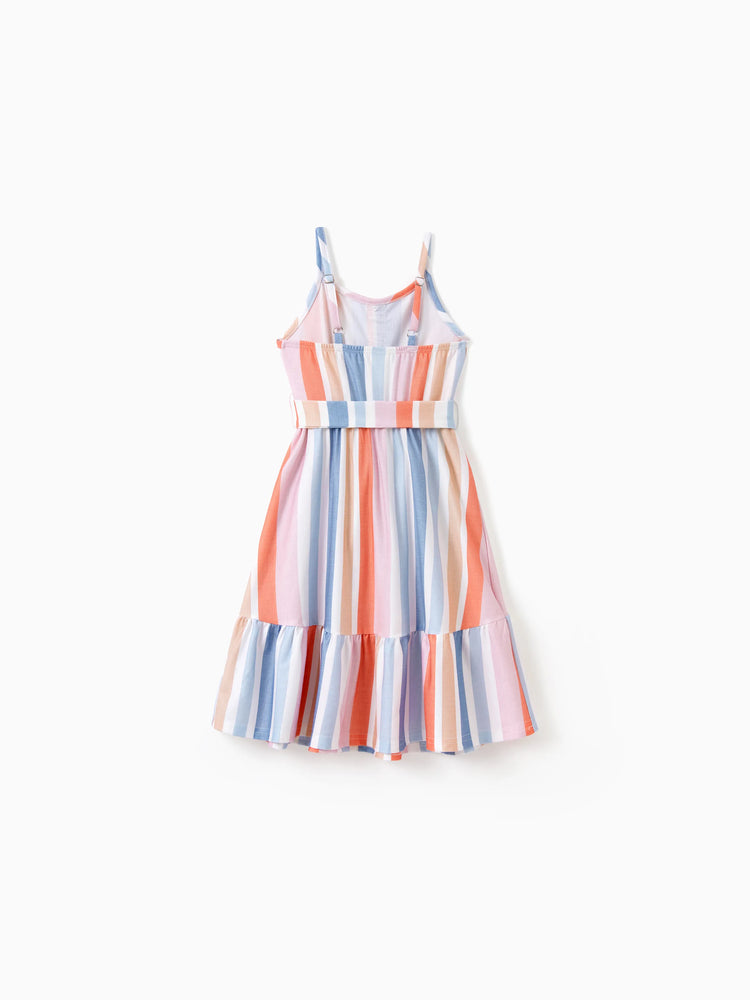 Family Matching Blue Short-sleeve Tee or Colorful Stripe Camisole Dress Multi-color