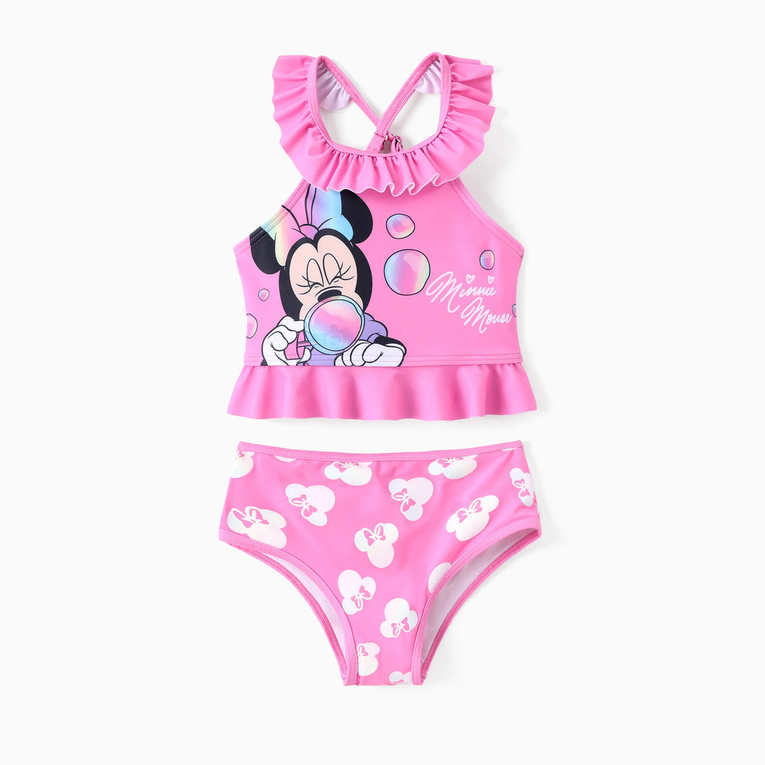 Traje de baño de 2 piezas con volantes y hombros descubiertos, de Minnie Mouse, con cambio de color, UPF50+, de Disney Mickey y sus amigos, color rosa