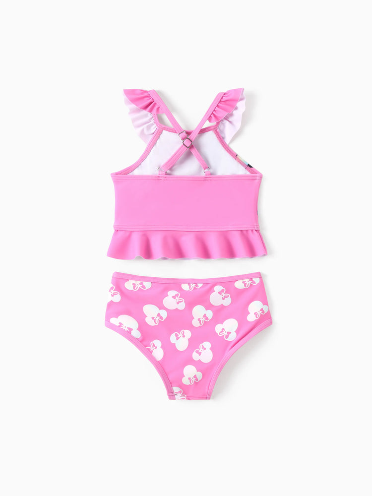 Maillot de bain 2 pièces Disney Mickey et ses amis pour bébé/petite fille, Minnie Mouse, volants, épaules dénudées, couleurs changeantes, UPF 50+, rose
