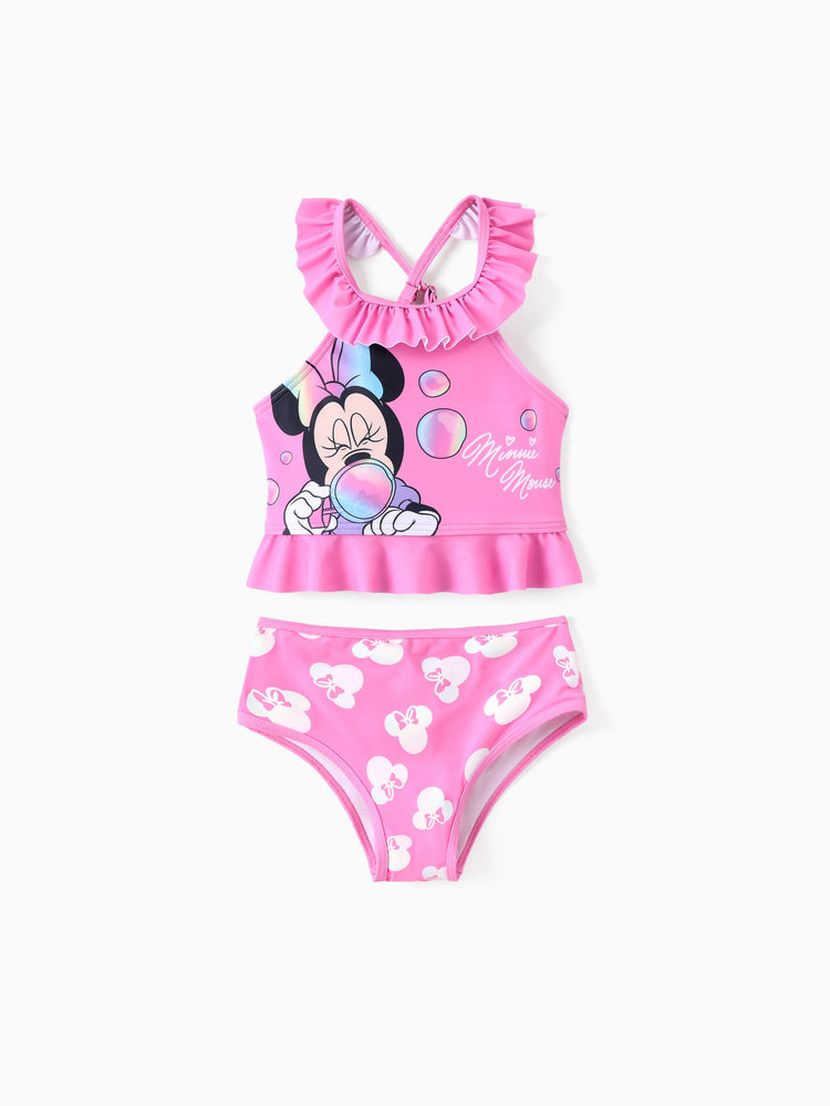 Maillot de bain 2 pièces Disney Mickey et ses amis pour bébé/petite fille, Minnie Mouse, volants, épaules dénudées, couleurs changeantes, UPF 50+, rose