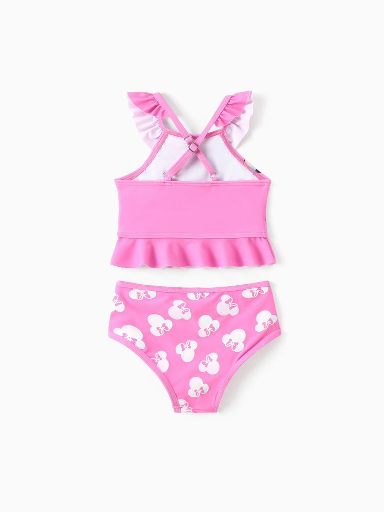 Maillot de bain 2 pièces Disney Mickey et ses amis pour bébé/petite fille, Minnie Mouse, volants, épaules dénudées, couleurs changeantes, UPF 50+, rose