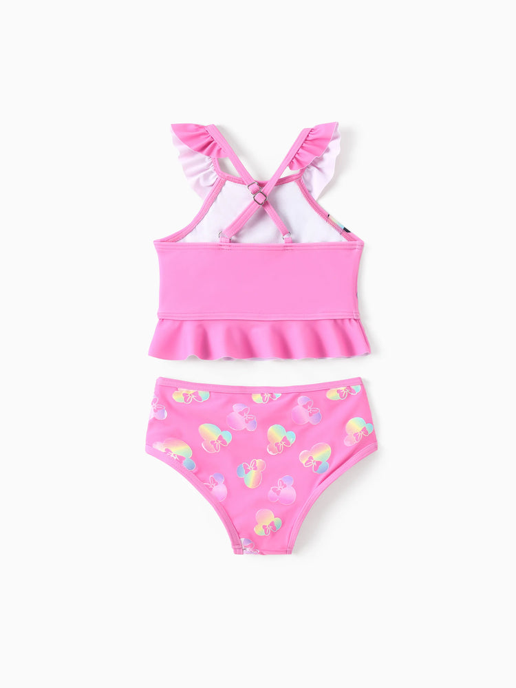 Maillot de bain 2 pièces Disney Mickey et ses amis pour bébé/petite fille, Minnie Mouse, volants, épaules dénudées, couleurs changeantes, UPF 50+, rose