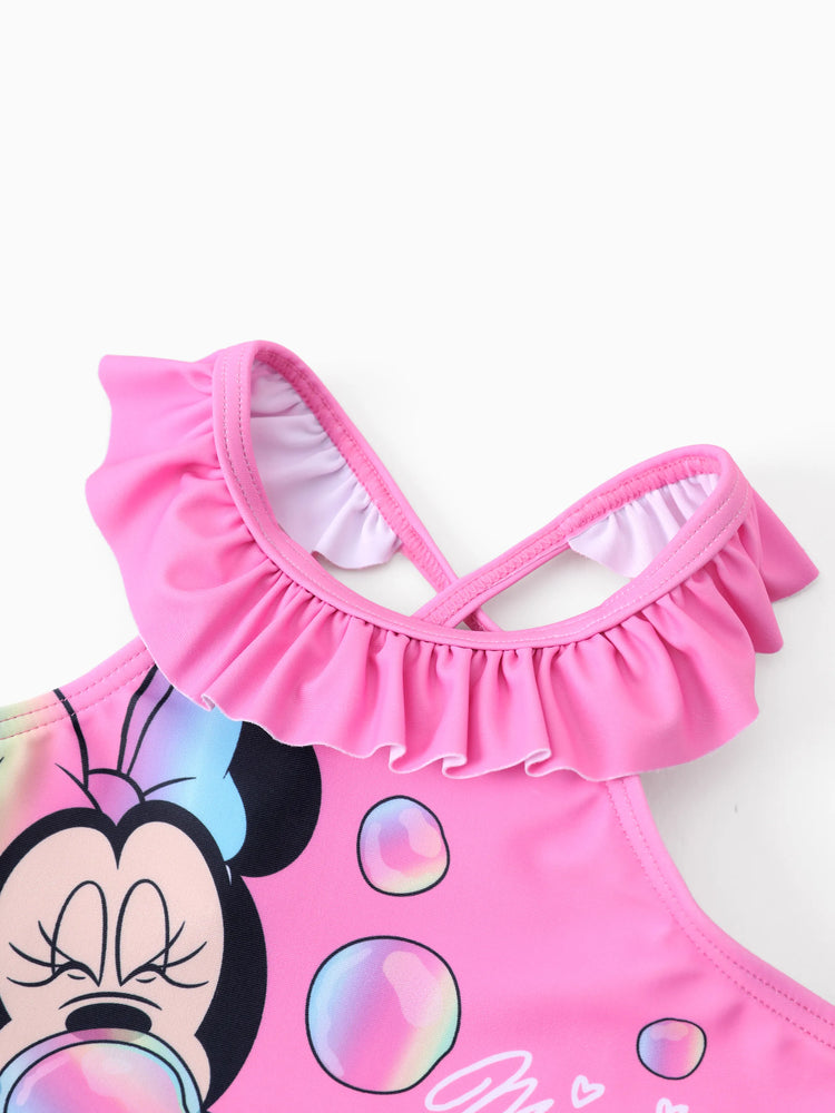 Maillot de bain 2 pièces Disney Mickey et ses amis pour bébé/petite fille, Minnie Mouse, volants, épaules dénudées, couleurs changeantes, UPF 50+, rose