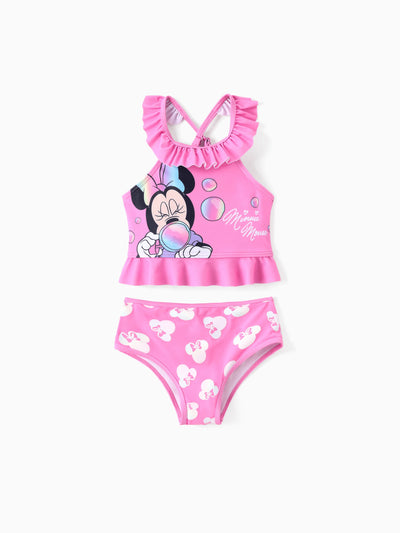 Maillot de bain 2 pièces Disney Mickey et ses amis pour bébé/petite fille, Minnie Mouse, volants, épaules dénudées, couleurs changeantes, UPF 50+, rose
