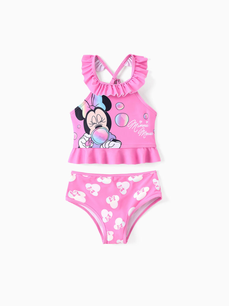 Disney Mickey and Friends Baby/Toddler Girl 2pc Minnie Mouse Ruffled Off Shoulder Color Changing UPF50+ Swimsuit Pink