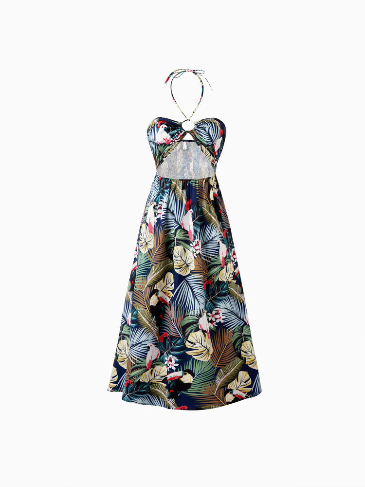 Couples Matching Hawaiian Set Tropical Print Short Sleeve Button-Down Shirt & Halter Cut Out Smocked Back Dress Set for Vacation Beachwear Deep Blue