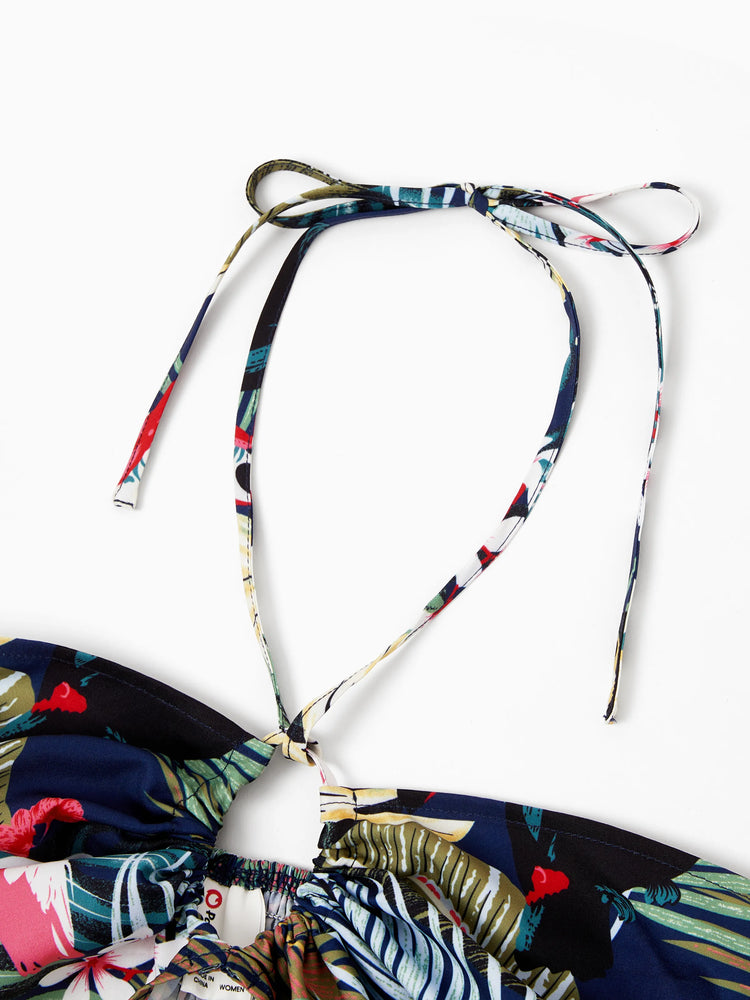 Couples Matching Hawaiian Set Tropical Print Short Sleeve Button-Down Shirt & Halter Cut Out Smocked Back Dress Set for Vacation Beachwear Deep Blue