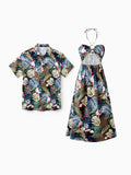 Couples Matching Hawaiian Set Tropical Print Short Sleeve Button-Down Shirt & Halter Cut Out Smocked Back Dress Set for Vacation Beachwear Deep Blue