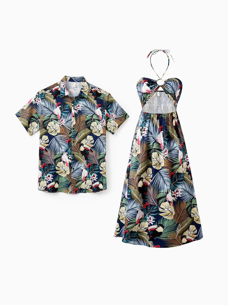 Couples Matching Hawaiian Set Tropical Print Short Sleeve Button-Down Shirt & Halter Cut Out Smocked Back Dress Set for Vacation Beachwear Deep Blue