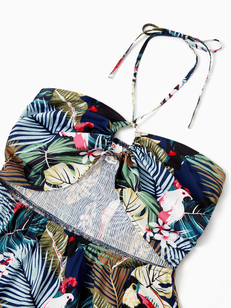 Couples Matching Hawaiian Set Tropical Print Short Sleeve Button-Down Shirt & Halter Cut Out Smocked Back Dress Set for Vacation Beachwear Deep Blue